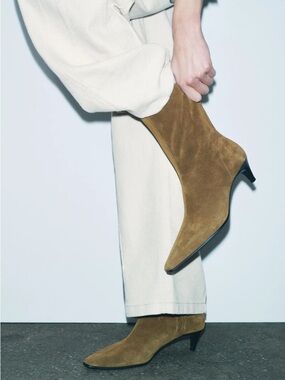 Zara Split Leather Kitten Heel Ankle Boots Tan Suede Pointed Toe Size 8 NWT